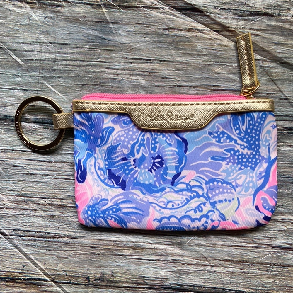 Lilly Pulitzer Blue and Pink Keychain Wallet with Gold Zipper